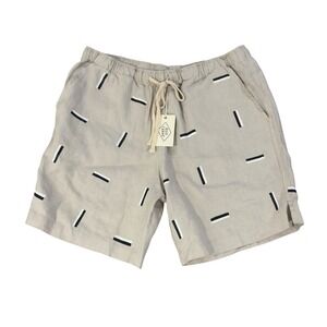 Alex Crane NEW Men's Large Beige Geometric Linen Drawstring "Bo" 7" Chino Shorts